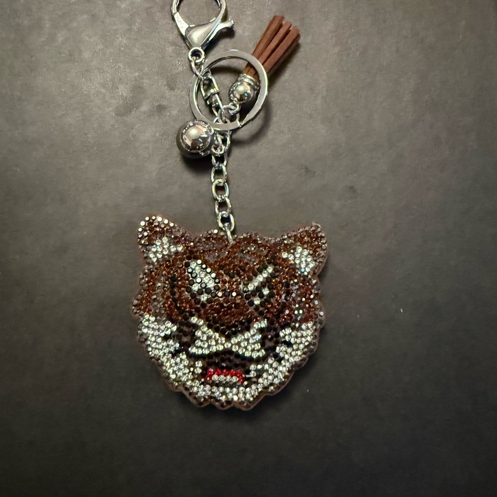 Beaded Tiger Head Keychain Charm in Brown and White